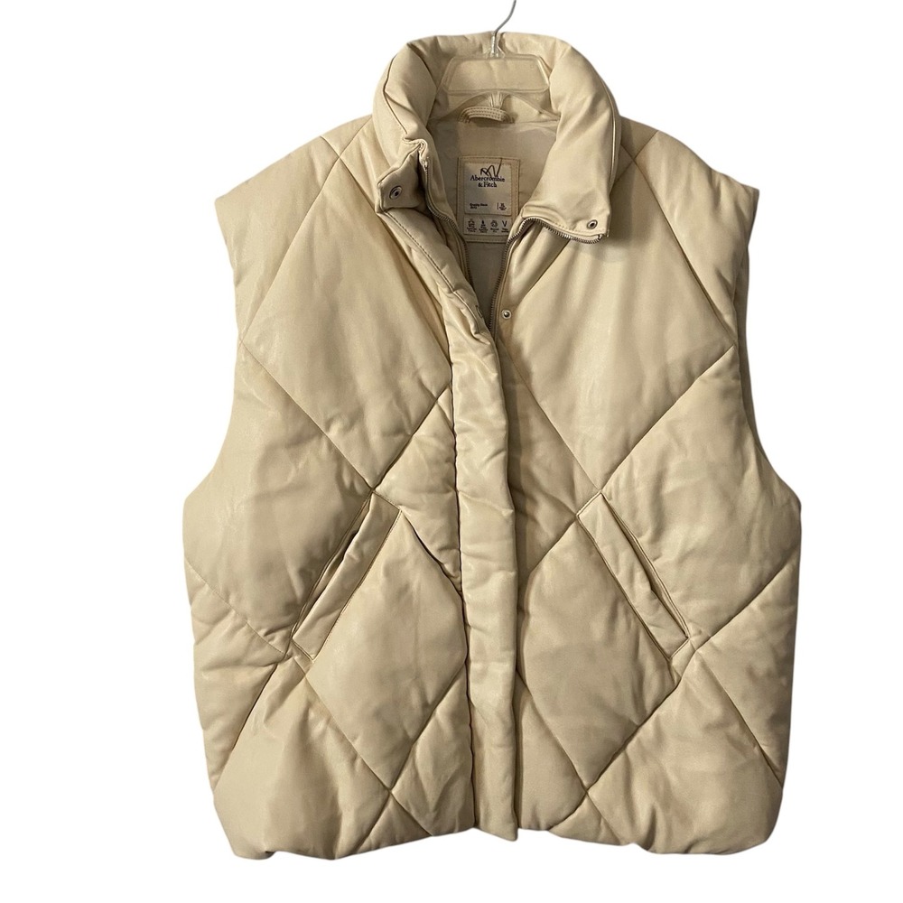 Abercrombie Fitch Womens Quilted Vegan Leather Puffer Vest Cream Sz XL Oversized